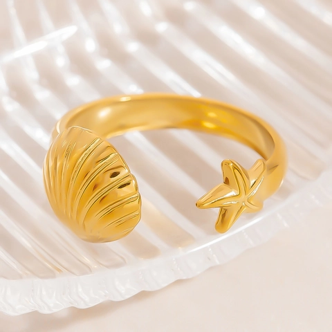 Minimalist Stainless Steel Starfish Shell Open Ring For Women Adjustable Gold Plated Marine Style Finger Ring Jewelry