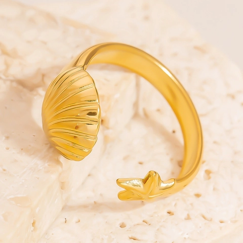 Minimalist Stainless Steel Starfish Shell Open Ring For Women Adjustable Gold Plated Marine Style Finger Ring Jewelry