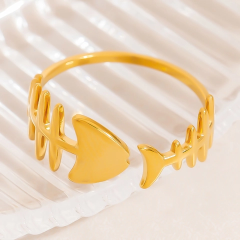 Stainless Steel Fishbone Open Ring For Women Gold Minimalist Adjustable Animal Skeleton Finger Ring Jewelry Waterproof