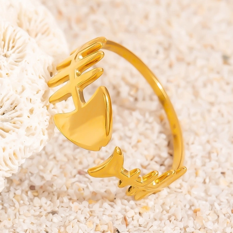 Stainless Steel Fishbone Open Ring For Women Gold Minimalist Adjustable Animal Skeleton Finger Ring Jewelry Waterproof