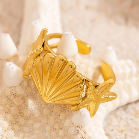 Roestvrij Stalen Zeester Zeeschelp Open Verstelbare Ring Verguld Waterdicht Mariene Stijl Sieraden Voor Vrouwen Strand Cadeau