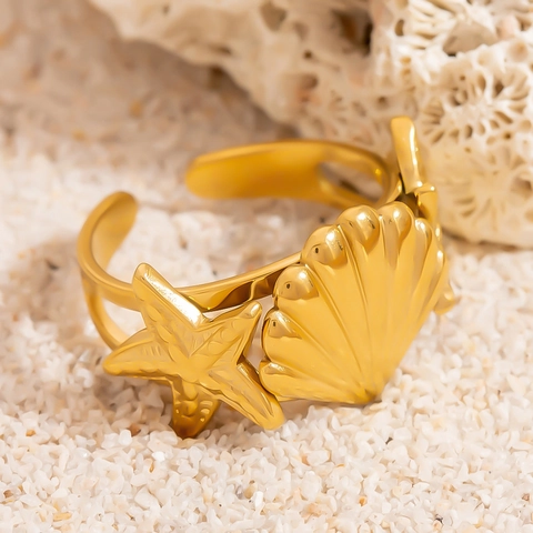 Roestvrij Stalen Zeester Zeeschelp Open Verstelbare Ring Verguld Waterdicht Mariene Stijl Sieraden Voor Vrouwen Strand Cadeau