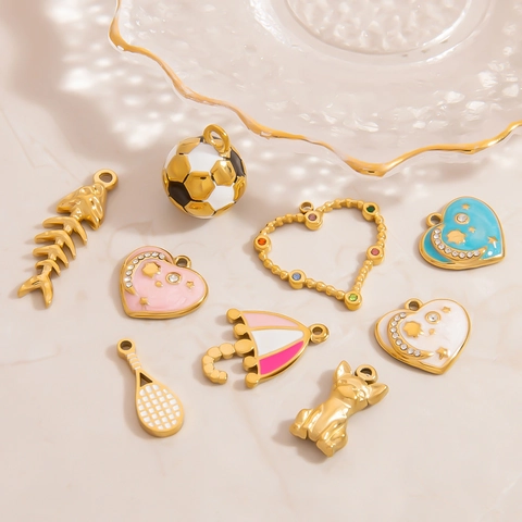 Stainless Steel DIY Enamel Pendant For Jewelry Making Mixed Shapes Heart Umbrella Fish Bone Soccer Fries Charms For Women