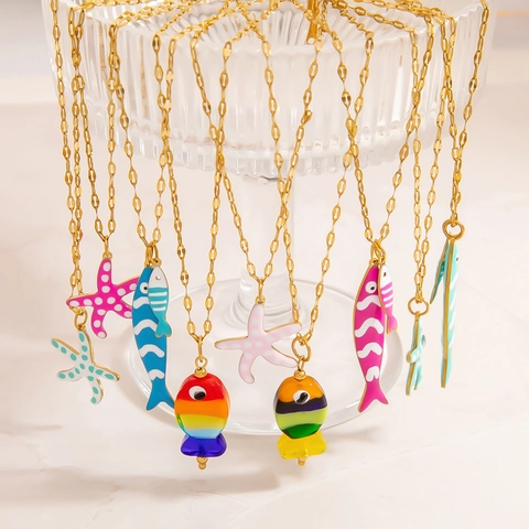 Oceanic Stainless Steel Pendant Necklace Colorful Enamel Starfish Tropical Fish Gold Link Chain For Women Summer Jewelry