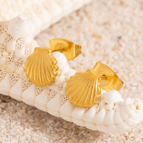 Pendientes de Aro de Acero Inoxidable con Colgante de Estrella de Mar y Concha Perla Artificial Strass Dorado Joyería