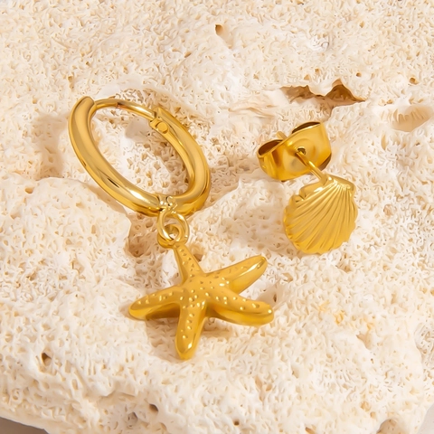 Pendientes de Aro de Acero Inoxidable con Colgante de Estrella de Mar y Concha Perla Artificial Strass Dorado Joyería