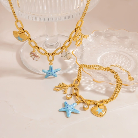Collana Bracciale Con Ciondolo Cuore Stella Marina Per Donna Acciaio Inossidabile Placcato Oro Strass Smalto Gioielli Mare
