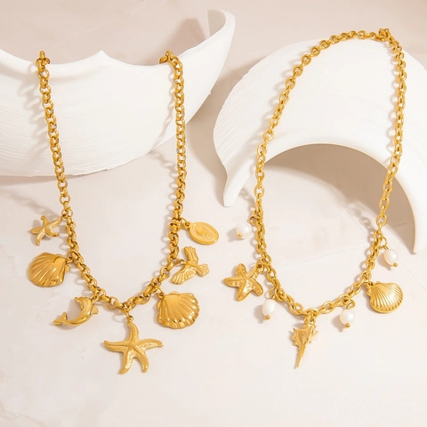 Edelstahl Ozean Seestern Muschel Anhänger Halskette Gold Überzogene Künstliche Perle Charme Halskette Für Damen Strand Schmuck