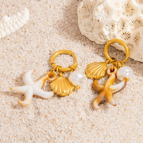 Orecchini Pendenti in Acciaio Inossidabile Stile Oceano Con Stella Marina Conchiglia E Perla Artificial Sintetica Placcati Oro 18K Gioielli
