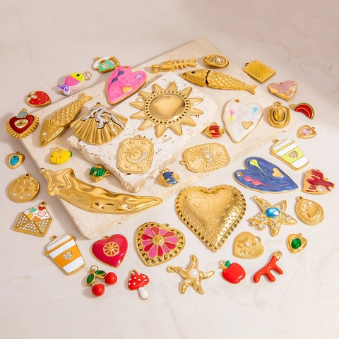 Stainless Steel Enamel DIY Jewelry Pendant Multicolor Fish Heart Starfish Coffee Cup Fruit Shape Rhinestone Accessory