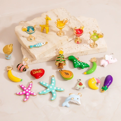 Stainless Steel Alloy Enamel Drip Oil Pendants Fruit Animal Shapes For DIY Jewelry Making Accessories Charms