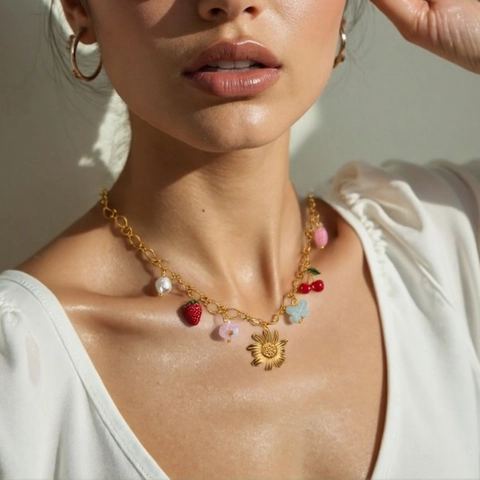 Gold Edelstahl Halskette Mit Mehreren Anhängern Damen Schmetterling Blume Erdbeere Biene Sonnenblume Mode Schmuck Geschenk