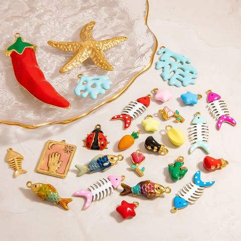 Stainless Steel DIY Jewelry Making Accessories Pendants Enamel Fishbone Star Rose Ladybug Carrot Cactus Charms For Necklace Bracelet Making