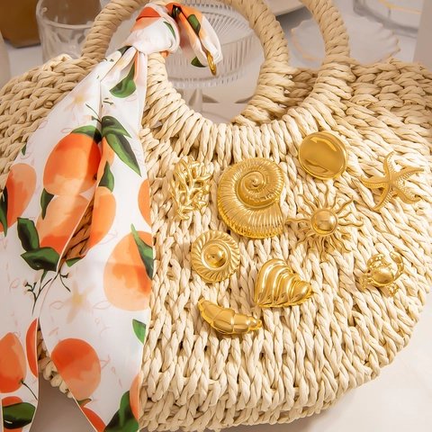 Spilla Serie Oceano in Acciaio Inossidabile Oro Stella Marina Conchiglia Corallo Sole Cuore Perla Artificiale Strass Gioielli