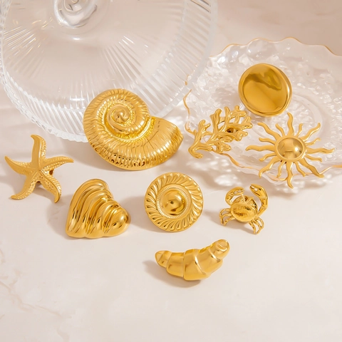 Spilla Serie Oceano in Acciaio Inossidabile Oro Stella Marina Conchiglia Corallo Sole Cuore Perla Artificiale Strass Gioielli