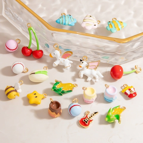 DIY Jewelry Alloy Enamel Charms Pendants Cartoon Bee Unicorn Cherry Star Guitar Fish Honey Pot Handmade Bracelet Necklace Accessory