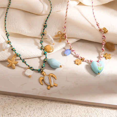 Boho Edelstahl Geflochtenes Seil Multi-Anhänger Halskette Herz Schmetterling Meeresschildkröte Seestern Muschel Blume Schmuck Für Damen