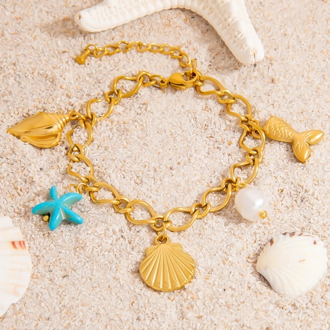 Edelstahl Ozean Thema Armband Mit Mehreren Anhängern Vergoldet Seestern Muschel Künstliche Perle Charms Urlaub Schmuck Für Damen