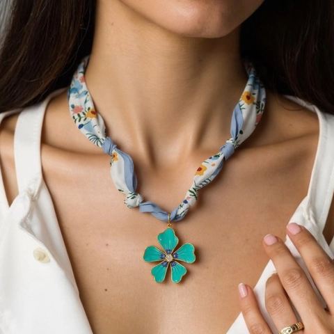 Floral Print Satin Scarf Chain Necklace With Stainless Steel Flower Pendant Rhinestone Inlaid Fashion Jewelry For Women