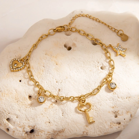 Edelstahl Multi-Anhänger Herz Schlüssel Stern Charm Armband Für Damen Vergoldet Strass Wasserdicht Schmuck Handkette
