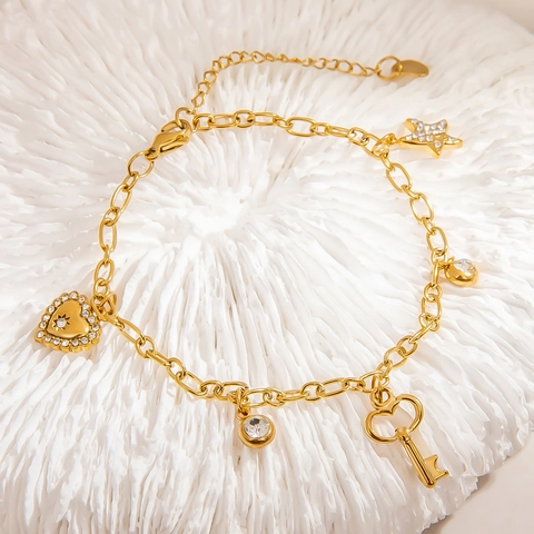 Edelstahl Multi-Anhänger Herz Schlüssel Stern Charm Armband Für Damen Vergoldet Strass Wasserdicht Schmuck Handkette