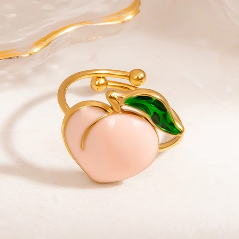 Anillo Abierto de Acero Inoxidable Ajustable para Mujer Esmalte Fruta Melocotón Fresa Hongo Palmera Joyería