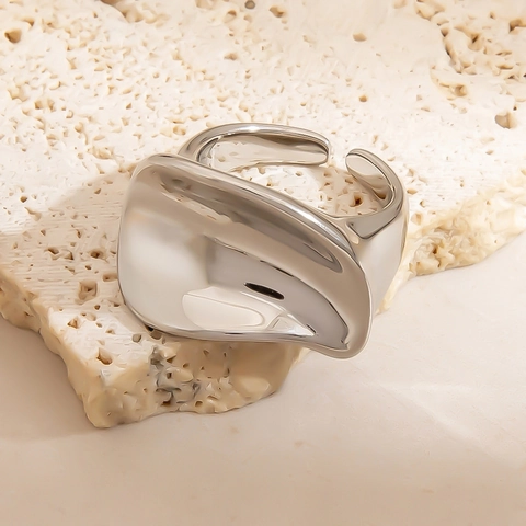 Stainless Steel Irregular Wave Open Ring For Unisex S-shaped Minimalist Liquid Metal Polished Finger Ring Fashion Jewelry