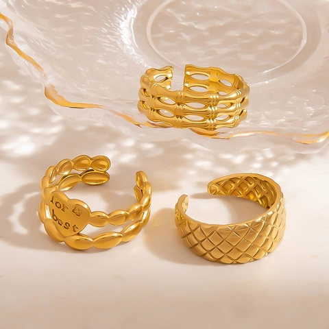 Roestvrijstalen Open Ring Voor Dames Hart Gegraveerd Bamboe Gewatteerd Verstelbaar Verguld Minimalistische Mode Sieraden