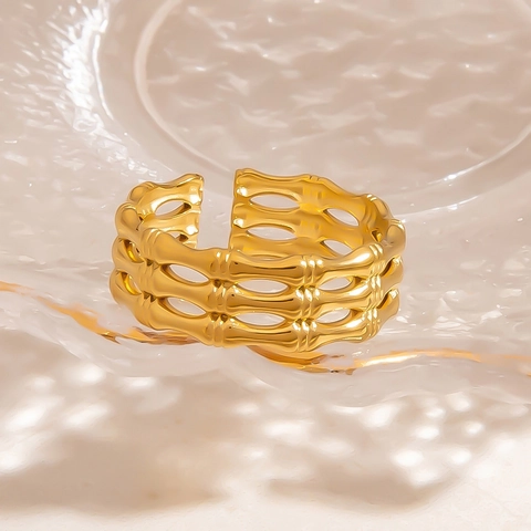 Roestvrijstalen Open Ring Voor Dames Hart Gegraveerd Bamboe Gewatteerd Verstelbaar Verguld Minimalistische Mode Sieraden