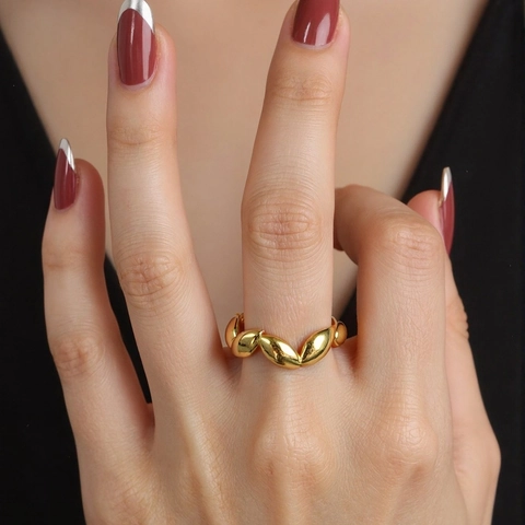 Minimalistischer Edelstahl Vergoldeter Offener Ring Für Damen Herz Hohles Blatt Welle Verstellbarer Finger Schmuck Wasserdicht Hypoallergen Ring