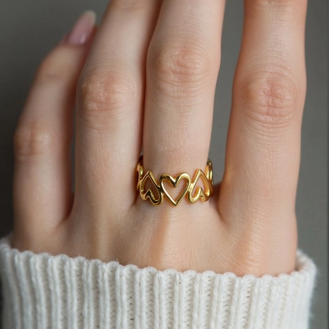 Anillo Abierto de Acero Inoxidable para Mujer Minimalista Chapado en Oro Hueco Corazón Flor Geométrico Anillo Ajustable Joyería