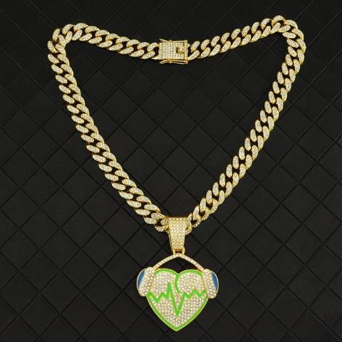 Collana Con Pendente EKG a Battito Cardiaco Per Cuffie Hip Hop Iced Out Oro Argento Lega Gioielli A Maglia Cubana Per Unisex