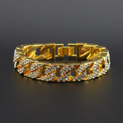 Pulsera Hip Hop Cuban Link Iced Out Cadena de Aleación Lujosa con Strass Incrustado para Hombre Estilo Callejero Joyería