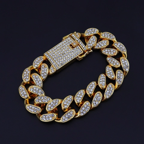 Heren Luxe 20MM Breed Hip Hop Cubaanse Schakel Armband Volledig Ingelegd Strass Legering Ketting Armband Streetwear Goud Zilver Sieraden Cadeau
