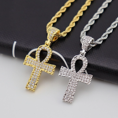 Hip Hop Iced Out Ankh Kreuz Anhänger Halskette Gold Silber Vergoldetes Kupfer Zirkonia Edelstahl Seilkette Für Damen Herren