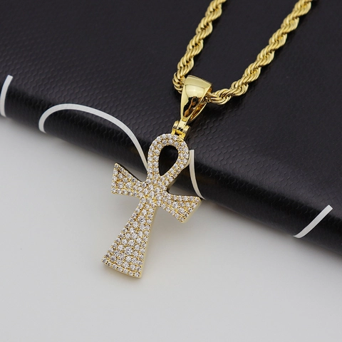 Hiphop Ankh Schlüssel Kreuz Anhänger Halskette Kupfer Zirkonia Inlaid Schmuck Mit Edelstahl Seilkette Für Herren Damen
