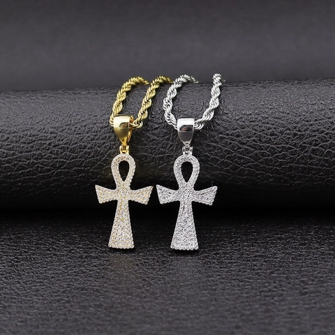 Hiphop Ankh Schlüssel Kreuz Anhänger Halskette Kupfer Zirkonia Inlaid Schmuck Mit Edelstahl Seilkette Für Herren Damen