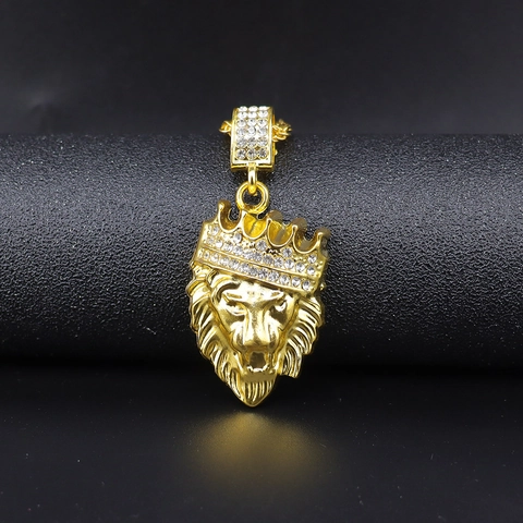 Collana Con Ciondolo a Forma di Testa di Leone Con Corona Hip Hop Catena a Corda Oro Strass Lega Ferro Gioielli Per Uomo Donna