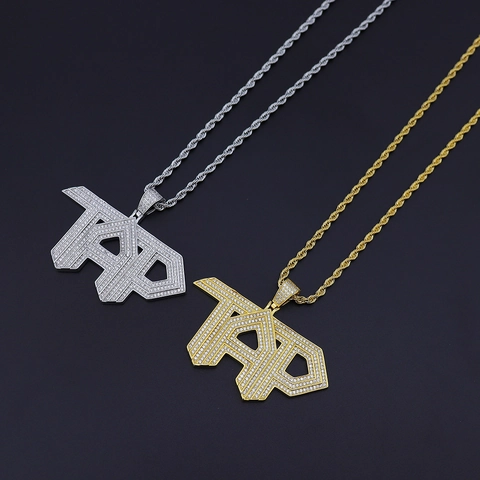 Hip-Hop-TAP-Buchstaben-Halskette aus Kupfer mit Zirkonia-Einlagen und Edelstahl-Seilkette für Herren Gold Silber
