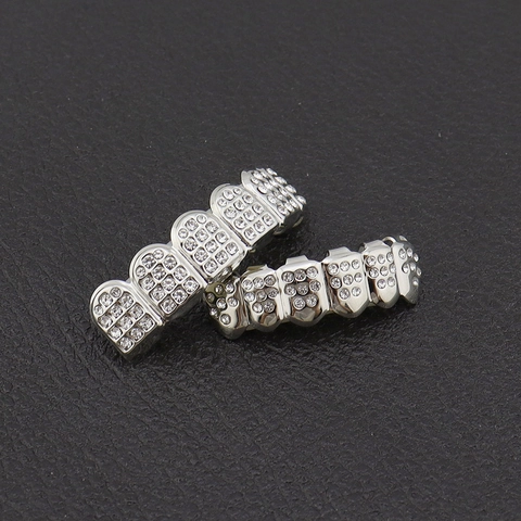 Hip Hop Iced Out Tand Grillz Set Goud Zilver Verguld Koper Strass Micro Pave Voor Rap Feest Unisex Sieraden