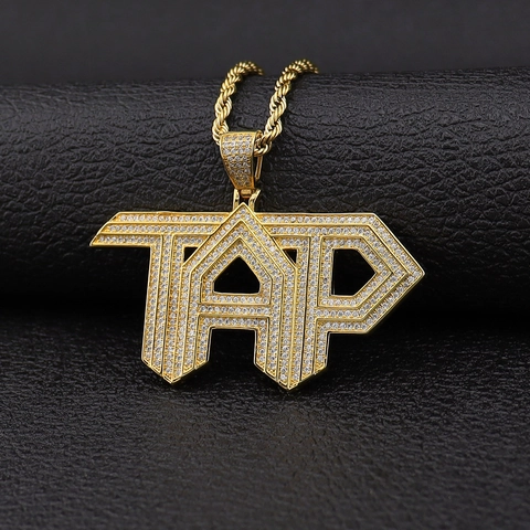 Hip-Hop-TAP-Buchstaben-Halskette aus Kupfer mit Zirkonia-Einlagen und Edelstahl-Seilkette für Herren Gold Silber