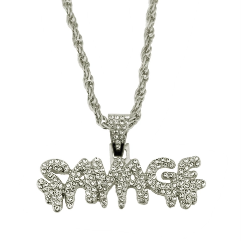 Collier Pendentif Lettre Savage en Alliage de Luxe avec Strass Iced Out Hip Hop Style Goutte Chaîne Corde pour Hommes Femmes Or Argent