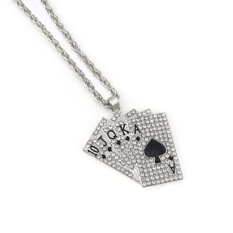 Collana Hip Hop con Ciondolo Poker Scala Reale in Lega con Strass Oro Argento Carte da Gioco Catena a Corda Gioielli
