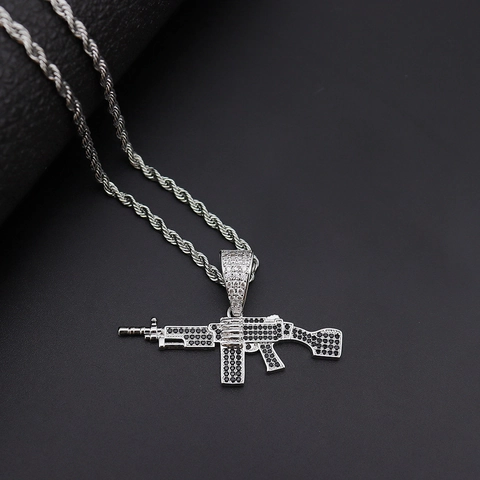 Hip Hop AK47 Geweer Hanger Halsketting Koper Met Zwarte Zirconia Roestvrij Staal Touwketting Punk Heren Sieraden Goud Zilver