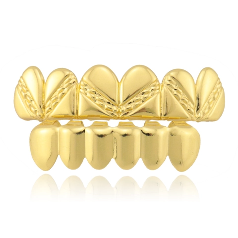 Hip Hop Teeth Grillz Set Gold Silver Plated Copper Smooth Diagonal Pattern Teeth Grills Top Bottom For Men Women Rapper Jewelry