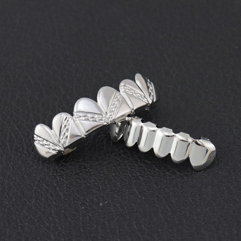 Hip Hop Teeth Grillz Set Gold Silver Plated Copper Smooth Diagonal Pattern Teeth Grills Top Bottom For Men Women Rapper Jewelry