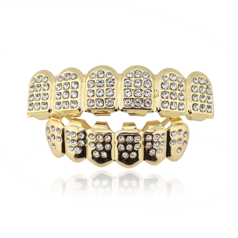 Hip Hop Iced Out Tand Grillz Set Goud Zilver Verguld Koper Strass Micro Pave Voor Rap Feest Unisex Sieraden