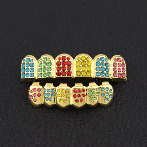 Hip Hop Colorful Rhinestone Teeth Grills Gold Plated Copper Multicolor Rhinestone Grills For Men Women Costume Jewelry
