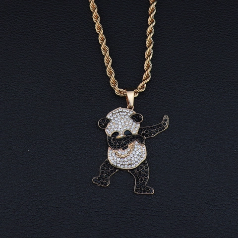 Hip-Hop-Anhänger-Halskette Mit Dabbing Panda Aus Legierung Und Strass Gold Silber Iced Out Schmuck