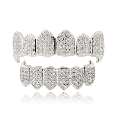 Set Grillz Hip Hop Iced Out Strass Tappi per Denti Oro Argento Placcato Rame Gioielli Dentali per Uomini Donne Festa Accessorio
